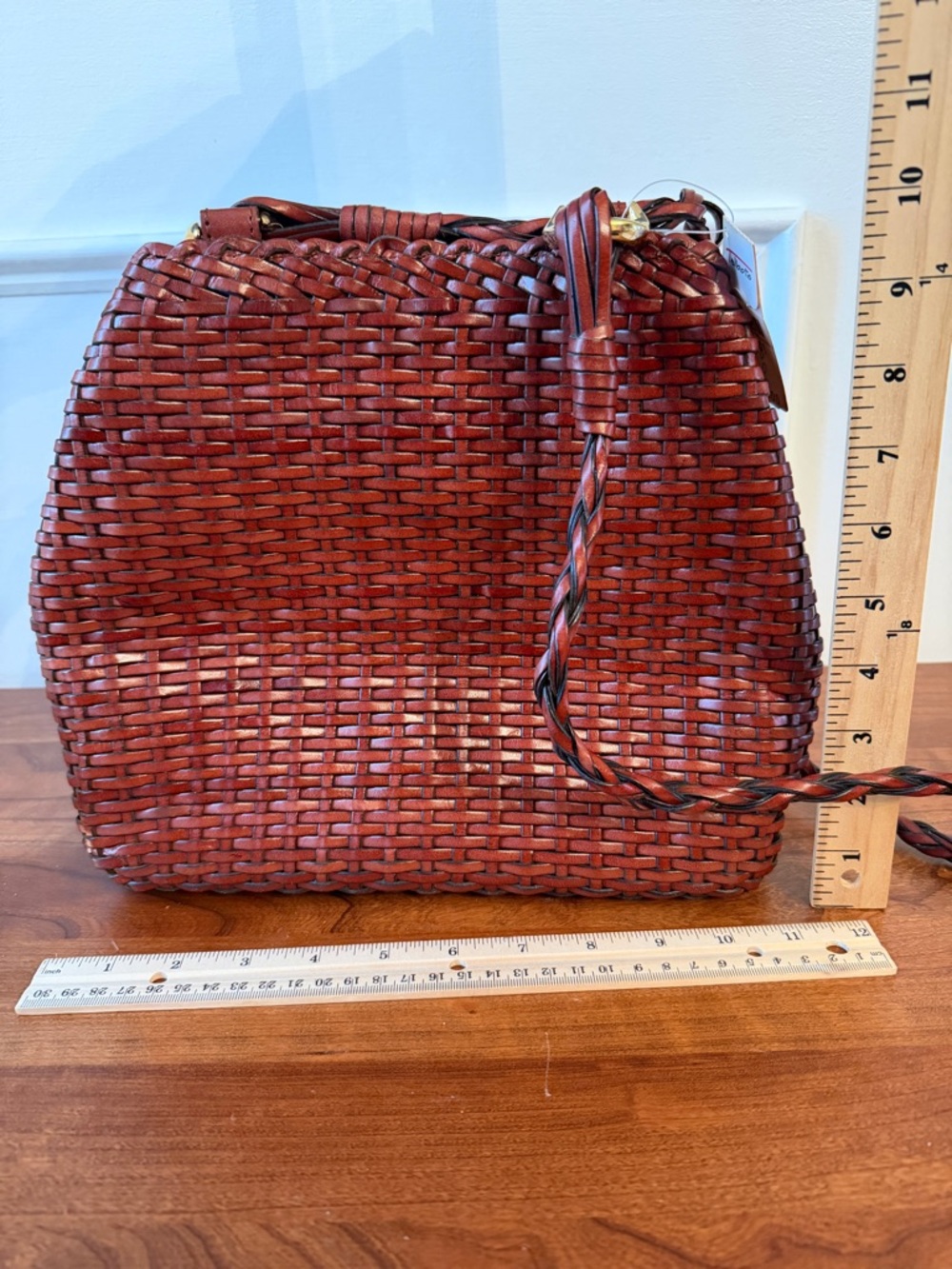 Talbots Woven Leather Crossbody Bag, Rich Brown; Magnetic Close, Braided Straps - Picture 12 of 16